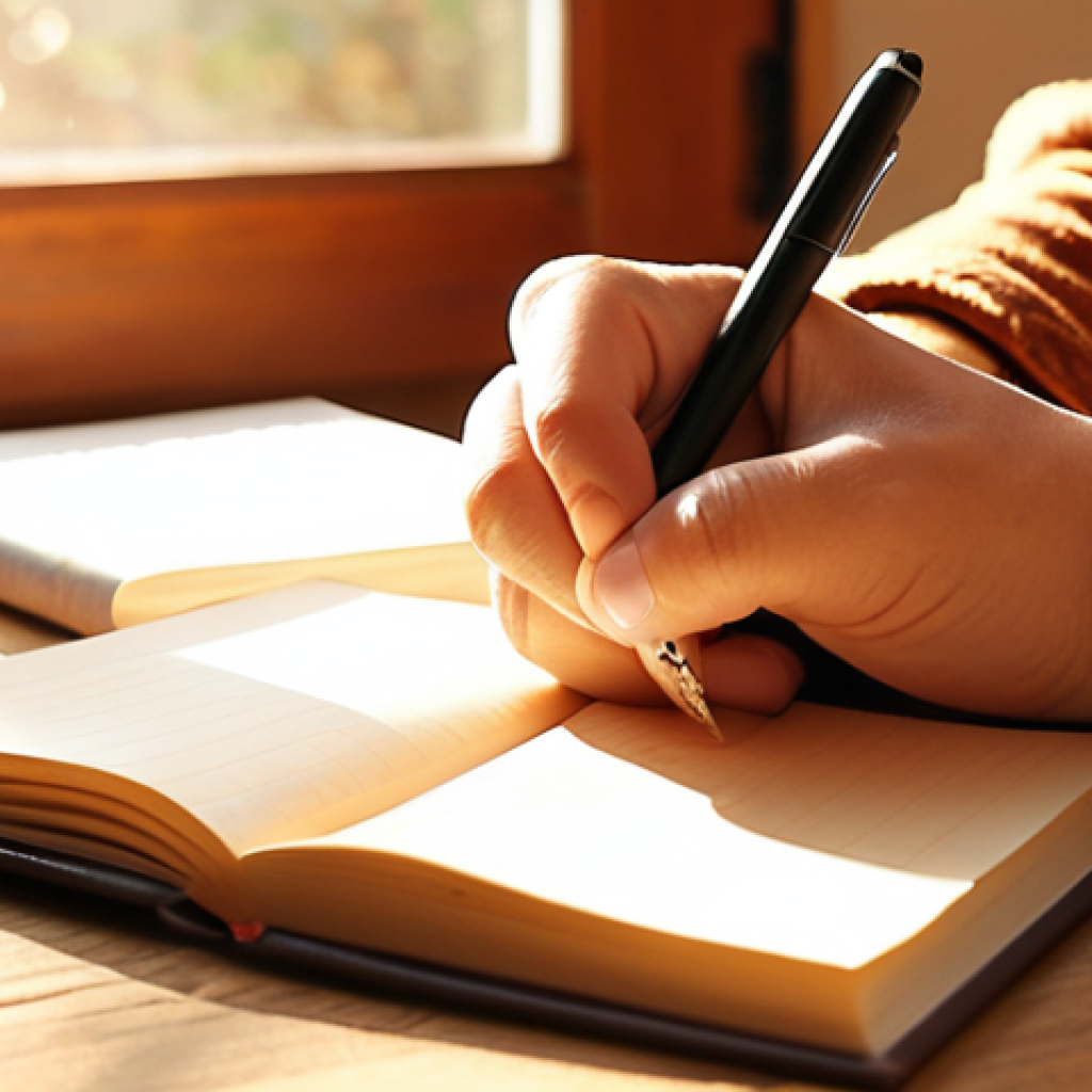 **A person writing in a gratitude journal in a cozy, sunlit room. Focus on the warm colors and the peaceful atmosphere, emphasizing the feeling of contentment and appreciation for everyday joys.**