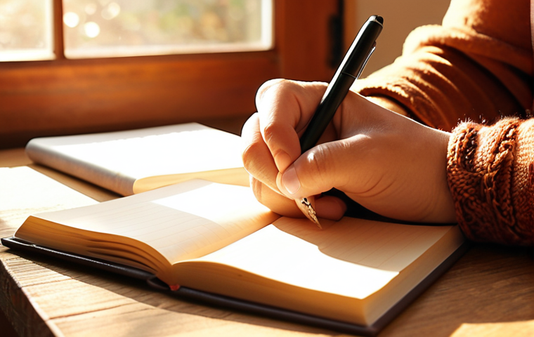 **A person writing in a gratitude journal in a cozy, sunlit room. Focus on the warm colors and the peaceful atmosphere, emphasizing the feeling of contentment and appreciation for everyday joys.**