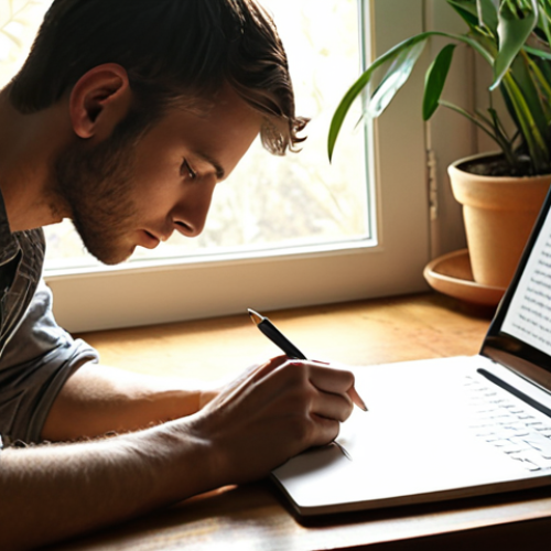 Home 14 **
A person thoughtfully writing in a journal or on a laptop in a cozy, sunlit room filled with plants. The scene should convey a sense of peace and introspection. The overall mood is calm and focused.
**