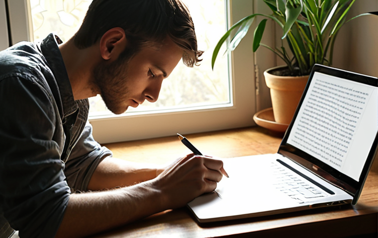 **

A person thoughtfully writing in a journal or on a laptop in a cozy, sunlit room filled with plants. The scene should convey a sense of peace and introspection. The overall mood is calm and focused.

**