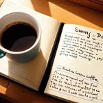 **Gratitude Journal:** A cozy, sunlit desk scene. A journal is open, displaying handwritten lists of things to be thankful for (e.g., "sunny day," "good coffee," "friend's smile"). A steaming mug of coffee sits nearby. Soft, warm lighting. Focus on conveying a sense of peace, positivity, and mindfulness.