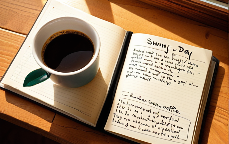 **Gratitude Journal:** A cozy, sunlit desk scene. A journal is open, displaying handwritten lists of things to be thankful for (e.g., "sunny day," "good coffee," "friend's smile"). A steaming mug of coffee sits nearby. Soft, warm lighting. Focus on conveying a sense of peace, positivity, and mindfulness.