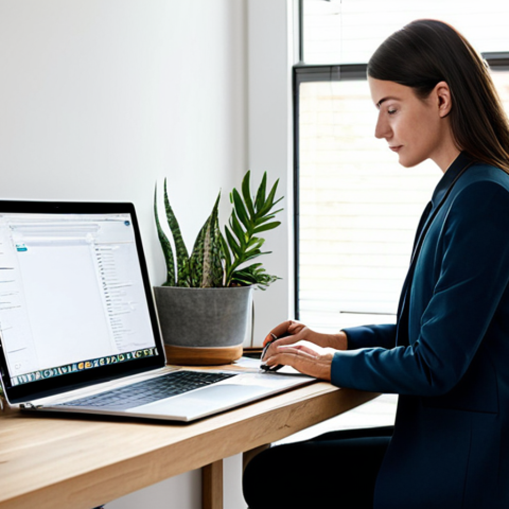 **

"A woman in a well-organized, minimalist home office, surrounded by plants, working on a laptop, fully clothed, professional attire, safe for work, perfect anatomy, natural proportions, family-friendly, professional photography, high quality, appropriate content.  The scene emphasizes calm and focus.  The desk is uncluttered, with only essential items."

**