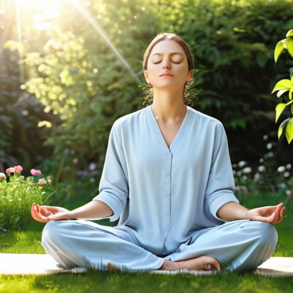 Serene Mindfulness Meditation**

"A woman in comfortable, loose-fitting clothing, fully clothed, sitting in a peaceful garden, meditating with eyes closed. The scene includes blooming flowers and soft sunlight. Serene atmosphere, focus on inner peace, appropriate content, safe for work, professional, perfect anatomy, natural proportions."

**