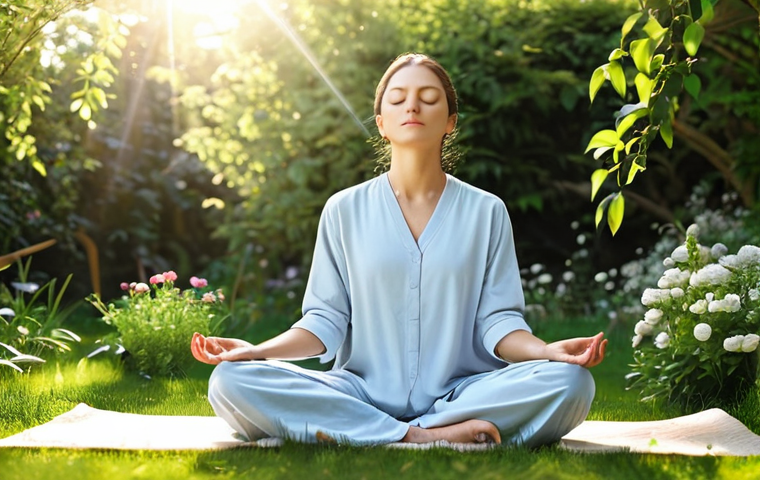 Serene Mindfulness Meditation**

"A woman in comfortable, loose-fitting clothing, fully clothed, sitting in a peaceful garden, meditating with eyes closed. The scene includes blooming flowers and soft sunlight. Serene atmosphere, focus on inner peace, appropriate content, safe for work, professional, perfect anatomy, natural proportions."

**