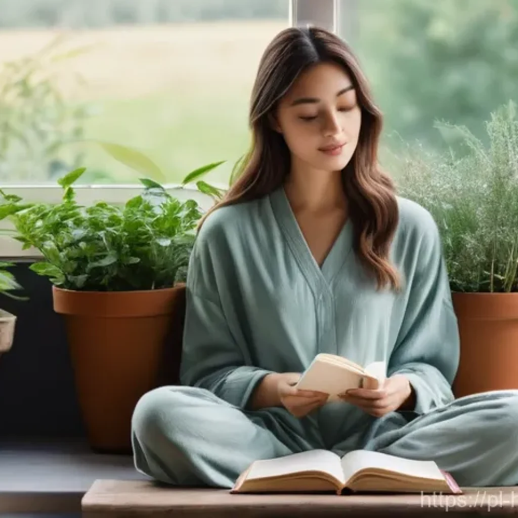 자기 성찰과 자기 수용의 중요성 - **Prompt: Tranquil Morning Reflection**
    A young woman in her late twenties, dressed in comfortab...
