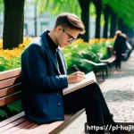 자기 성찰을 통한 삶의 의미 찾기 - A serene urban morning scene in Warsaw, Poland, featuring a young adult sitting peacefully on a park...