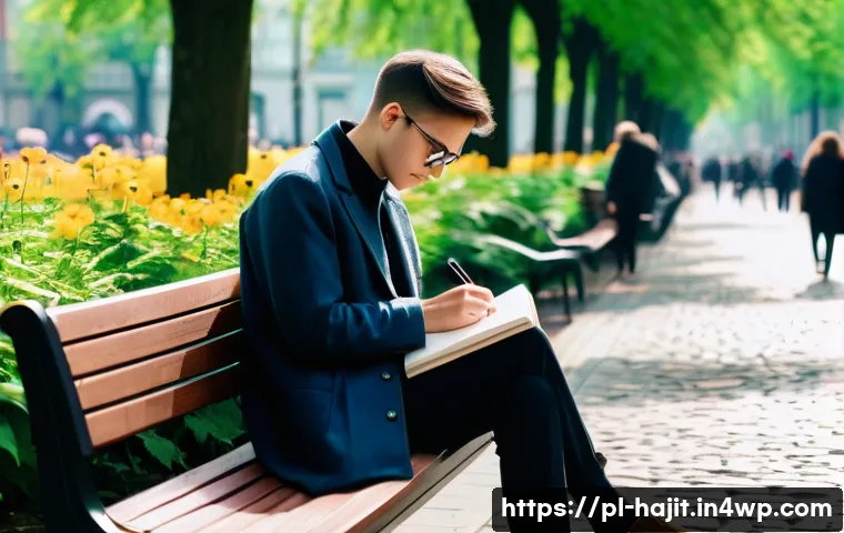 자기 성찰을 통한 삶의 의미 찾기 - A serene urban morning scene in Warsaw, Poland, featuring a young adult sitting peacefully on a park...