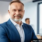 자기 성찰을 통한 리더십 개발 전략 - A professional Polish business leader standing confidently in a modern office environment, reflectin...
