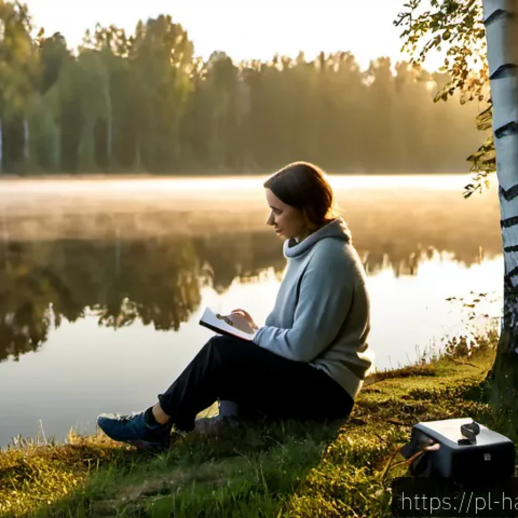 자기 성찰을 통해 창의적 사고 촉진하기 - Photorealistic scene of a thoughtful Polish woman in her early thirties sitting alone beside a misty...
