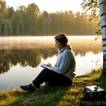 Home 23 자기 성찰을 통해 창의적 사고 촉진하기 - Photorealistic scene of a thoughtful Polish woman in her early thirties sitting alone beside a misty...