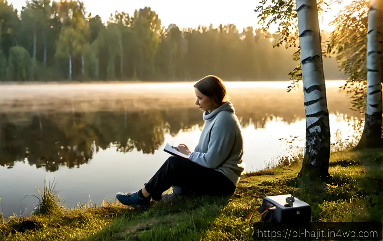 자기 성찰을 통해 창의적 사고 촉진하기 - Photorealistic scene of a thoughtful Polish woman in her early thirties sitting alone beside a misty...